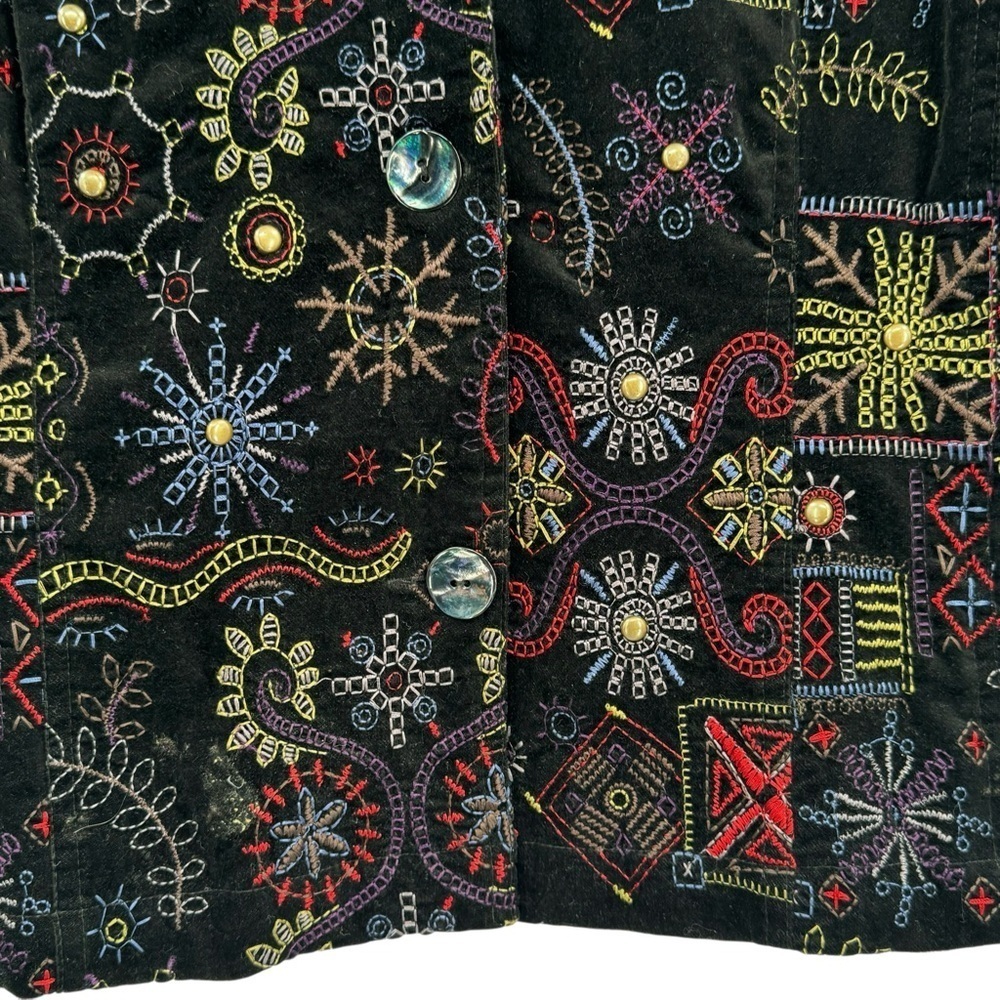 Chico's Statement Jacket Black Velour Colorful Embroidery Studded Boxy | 1 8/10 - Picture 8 of 11